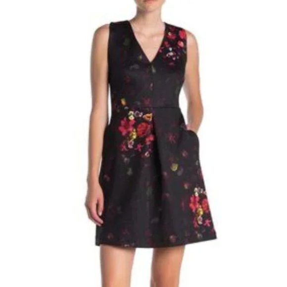 Sam Edelman Fit & Flare Black Floral Sleeveless V Neck Dress Size 8 - Picture 1 of 14